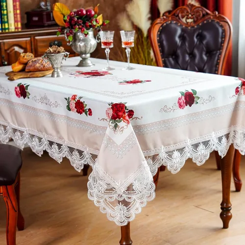 Miniatura 12 de SUTAVIA Mantel de Mesa Bordado con Encaje, Cubierta de Mesa Rectangular Estilo Granja, Mantel de Macramé Clásico Oblongo con Decoración Floral
