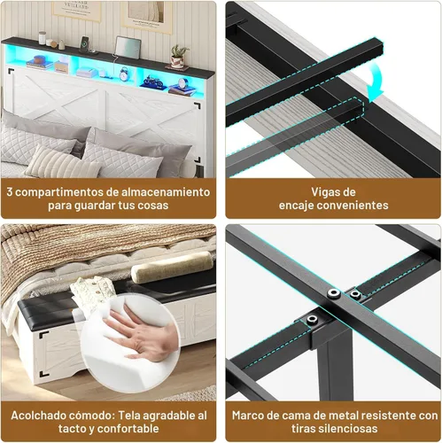 Miniatura 6 de Hasuit - Marco de cama tamaño queen con otomano de almacenamiento, marco de cama estilo granja con estación de carga y luz LED, cabecero con estante