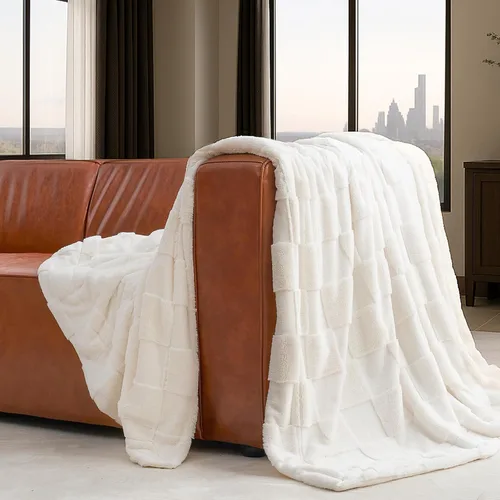Miniatura 8 de Cozy Bliss - Manta a cuadros de pelo sintético de conejo tamaño Queen para cama, mantas suaves y peludas para mujeres y hombres, gran manta de forro