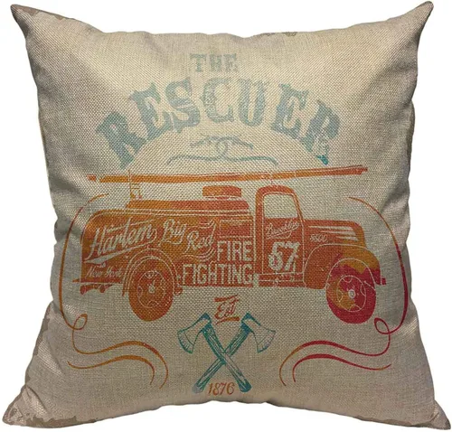 Fundas de almohada de algodón y lino, diseño vintage de bombero, color rojo, etiqueta de lucha contra incendios vintage, funda de cojín cuadrada