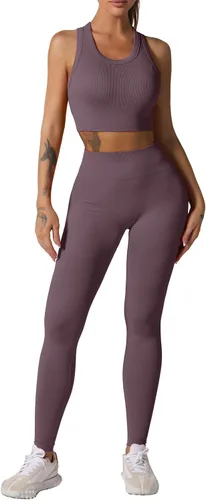 Miniatura 58 de Conjuntos de entrenamiento para mujer, 2 piezas, sin costuras, acanalada, sin mangas, brasier deportivo, cintura alta, pantalones cortos