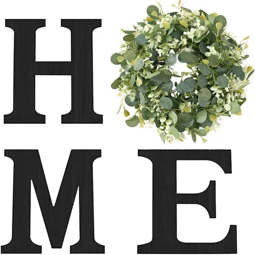 Miniatura 11 de Cartel colgante de madera con letras en inglés «HOME» (Hogar) con corona de eucalipto artificial para la letra «O», decoración de pared estilo Negro