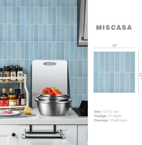 Miniatura 3 de Azulejo azul para salpicaduras de 10 hojas, revestimiento 3D adhesivo para cocina, baño, azulejos de pared (12 x 12 pulgadas)