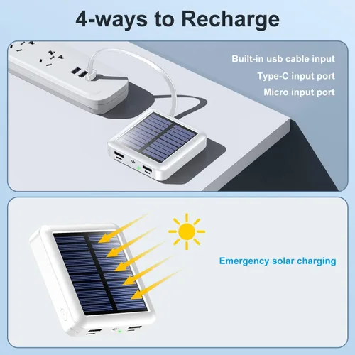 Miniatura 6 de Cargador solar portátil de 12000 mAh, batería de energía solar pequeña, batería externa con entrada/salida USB C con 4 cables incorporados, linterna
