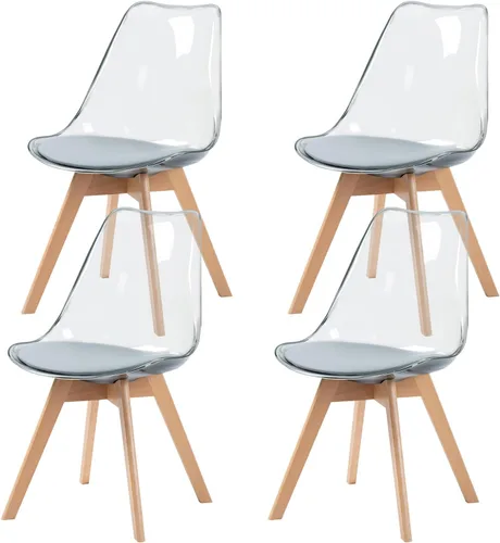 Miniatura 11 de Juego de 2 sillas de comedor transparentes, modernas sillas de comedor de acrílico con cojines de piel sintética y patas de madera, sillas laterales