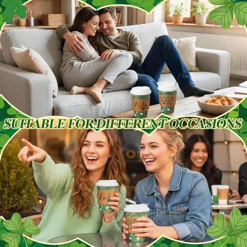 Miniatura 5 de Layhit Juego de 100 tazas de café desechables para el día de San Patricio con tapas y mangas, pajitas de 12 onzas con trébol verde para bebidas