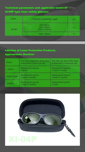 Miniatura 5 de Gafas de seguridad láser XI-04P Gafas de seguridad láser 200-450nm/800-1100nm/1000-1090nm Profesional OD7+YAG Gafas protectoras láser industriales
