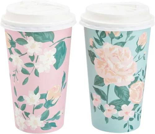 Miniatura 6 de BLUE PANDA Tazas de café de papel, 16 onzas, 48 unidades, 4 colores florales pastel, tazas desechables con tapas para café caliente y frío y té