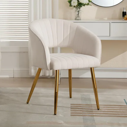Miniatura 16 de ABET Silla de escritorio con ruedas, silla de terciopelo para oficina en casa, sillón giratorio con base dorada, sillas decorativas modernas Crema
