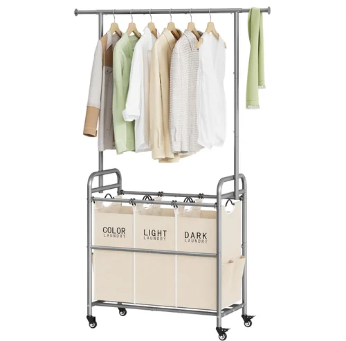Miniatura 10 de Tajsoon Carrito Clasificador de Lavandería con Perchero para Colgar Ropa, Organizador de 3 Cestas Clasificadoras Butler, Carrito Cesto de Lavandería