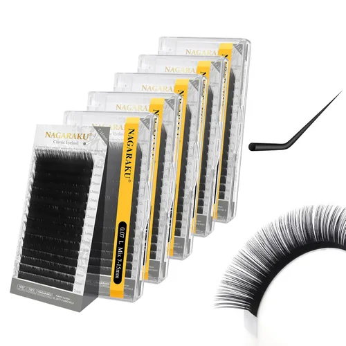 Miniatura 258 de NAGARAKU Extensiones de pestañas, pestañas individuales, 0.05mm, rizo D, 15mm, clásico, negro mate, suave, natural, profesional, 16 filas, 0.05-D