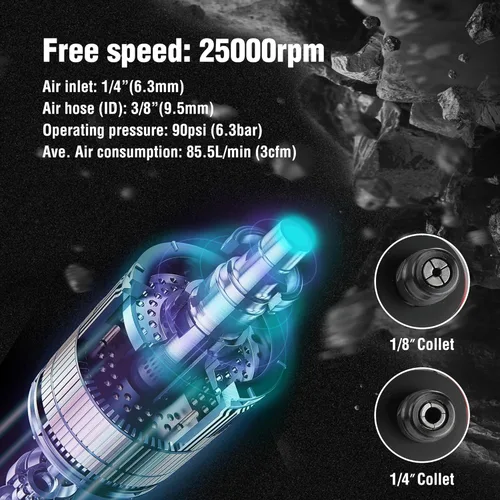 Miniatura 4 de WORKPRO Amoladora neumática recta de 1/4 pulgadas, 25000 RPM, molinillo de troquel alimentado por aire para moler, cortar, pulido, reparación