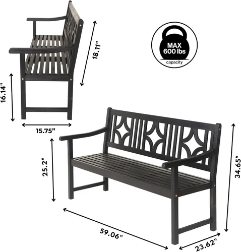 Miniatura 3 de JONATHAN Y Sloane BNH100C - Banco de madera de acacia maciza para exteriores, asiento de jardín para 2 personas de 59 pulgadas con respaldo Negro