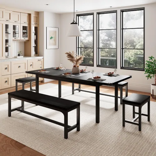 Miniatura 7 de Einhomn Juego de Mesa de Comedor de 5 Piezas para 4-6, Mesa de Cocina Extensible de 63" con 2 Bancos y 2 Taburetes, Estructura de Metal y Tablero