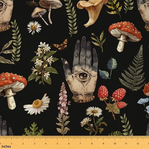 Miniatura 17 de Tela de Hongos por Yarda, Estilo Groovy de los 70s, Margaritas, Hojas Verdes, Telas para Amantes de la Costura, Plantas Naturales de la Selva, Tela