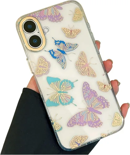 Miniatura 14 de Funda transparente con chispas brillantes para iPhone 15 Pro Max para mujeres y niñas, patrón de mariposas doradas, rosa y azul, funda protectora