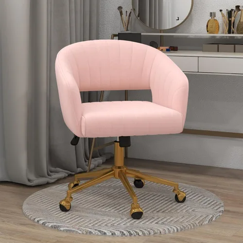 Miniatura 2 de HENGJIANYI Silla de escritorio giratoria para oficina en casa, silla de tocador de terciopelo moderna, sillón ajustable en altura con base dorada