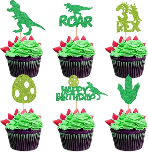 Miniatura 22 de Ercadio Paquete de 32 adornos para cupcakes de dinosaurios de dibujos animados, lindos dinosaurios para bebé, temática de dinosaurio, baby shower