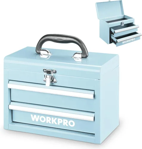 WORKPRO Caja de herramientas portátil mini, caja de herramientas metálica con 2 cajones y guías con rodamientos de bolas, almacenamiento superior