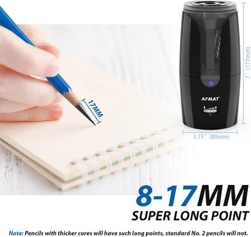 Miniatura 2 de AFMAT - Sacapuntas recargable de punta larga para artista, afilado rápido y parada automática, 8-17 mm de punta larga, sacapuntas eléctrico