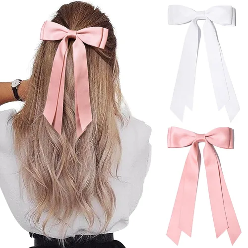 Miniatura 33 de Aileam 2 piezas lazos de cabello de satén sedoso, pinza para cabello, cinta blanca para cabello, sujetador de cola de caballo, accesorios, Blanco