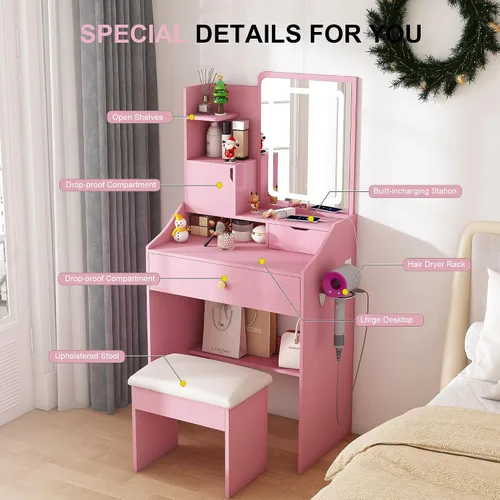 Miniatura 2 de Escritorio pequeño con espejo y luces, juego de tocador de maquillaje rosa con 2 cajones y taburete, tocador de maquillaje compacto para dormitorio