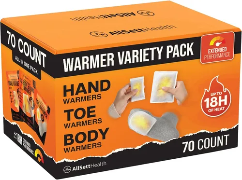 Hand Warmers Variety Set - 70 Count Ultimate Value Pack – 10 XL Body Warmers, 10 Pairs Hand Warmers, 20 Pairs Toe Warmers with Adhesive – Air