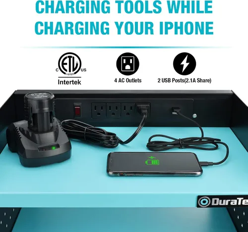 Miniatura 4 de DURATECH Organizador de herramientas eléctricas para montaje en pared con regleta eléctrica, acero al carbono, azul, 16.8 pulgadas de ancho, 10.9