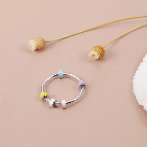 Miniatura 5 de LOVECOM Anillo giratorio de plata de ley 925 con cuentas esmaltadas coloridas para mujer, anillo giratorio antiansiedad, giratorio, apilable
