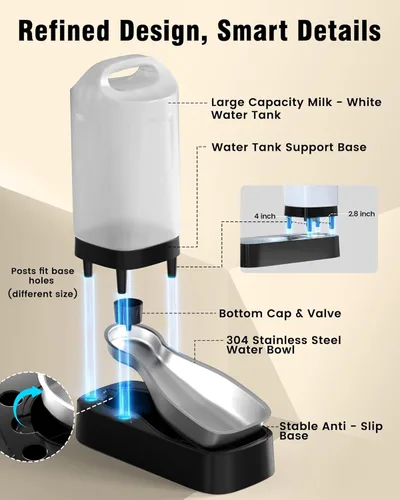 Miniatura 8 de Dispensador automático de tazón de agua para perros - Alimentador de agua por gravedad para mascotas de acero inoxidable de 2.4 galones con diseño