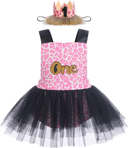 Miniatura 11 de IBTOM CASTLE Vestido de princesa tutú para niña pequeña con estampado de leopardo, dona, ratón, vestido de princesa con funda para pañales, conjunto