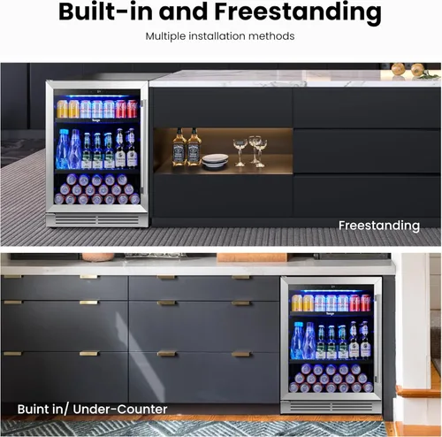 Miniatura 8 de Yeego Refrigerador de bebidas – Mini refrigerador de 24 pulgadas con 180 latas con puerta de vidrio, 34-54 ℉ bajo mostrador refrigerador integrado