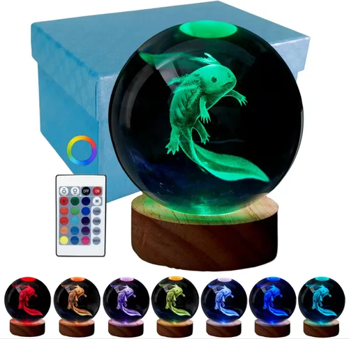 Miniatura 13 de Lámpara de bola de cristal 3D de Axolotl, lámpara de noche de bola de cristal mejorada de 3.15 pulgadas con 16 colores LED, base de madera, control