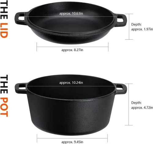 Miniatura 4 de Overmont Olla holandesa 2 en 1 de hierro fundido pre-curada con tapa de sartén para inducción, eléctrico, parrilla, cocina, barbacoa, campamento