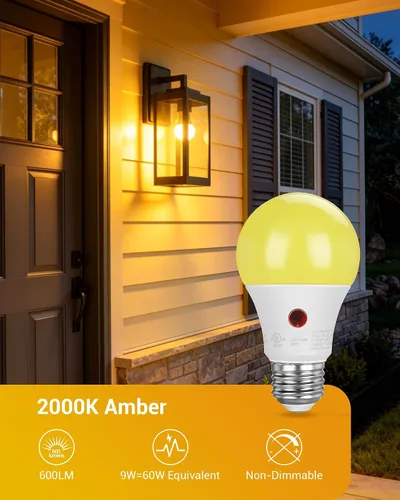 Miniatura 4 de DEWENWILS Bombilla LED A19 para exteriores del anochecer al amanecer, bombillas amarillas para exteriores, brillo ámbar de 2000 K, equivalente a 9 W