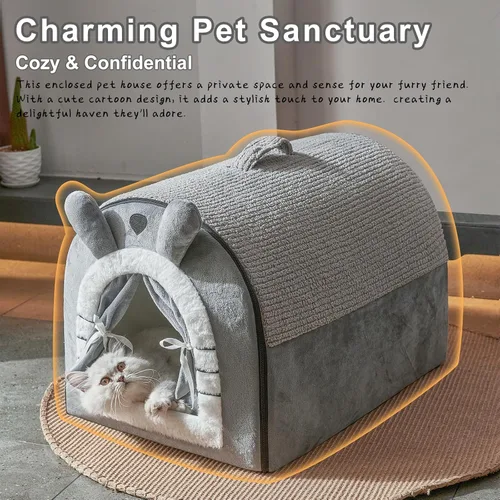 Miniatura 3 de Jiupety Casas para gatos de interior, cama cueva con diseño de cortina de puerta, bonitas camas portátiles con cojín reversible lavable, tamaño S