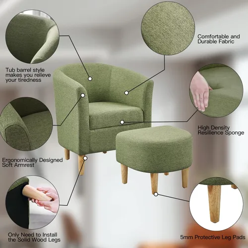 Miniatura 5 de DAZONE Silla Moderna de Mediados de Siglo, Silla de Acento Tipo Barril con Otomana, Juego Cómodo de Sillón con Reposapiés, Sillas Cómodas para Sala