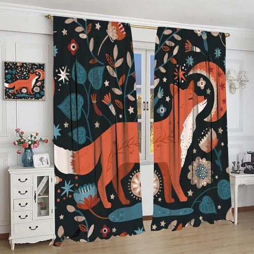 Miniatura 4 de Cortinas opacas de dibujos animados de animales de bosque naranja, zorro, flores, luna, hojas azules, arte abstracto, niños y niñas, decoración