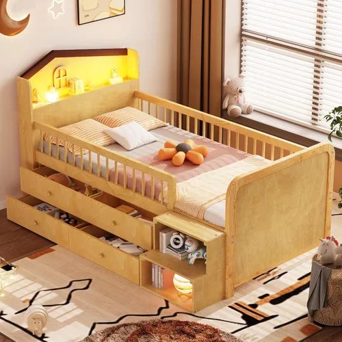 Miniatura 30 de VilroCaz Moderna cabecera de almacenamiento de cama de tamaño individual y barandilla de seguridad para niños, base de cama de plataforma de madera
