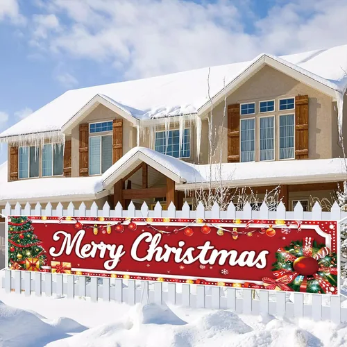 Miniatura 8 de Cartel de Navidad de 118 x 20 pulgadas, fondo rojo, cajas de regalo, campanas de acebo, sombrero de Papá Noel, decoración de pared, suministros