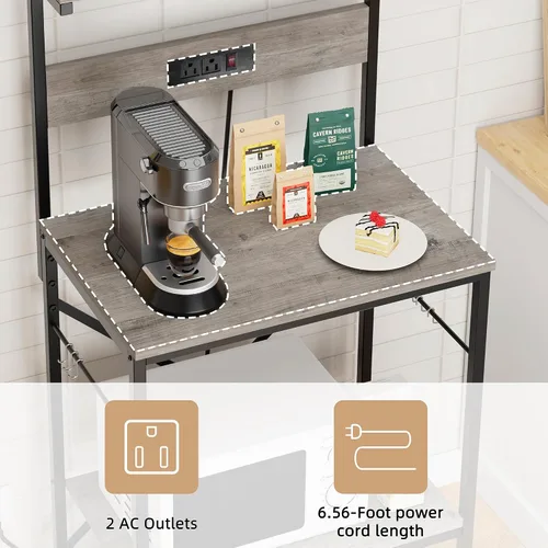 Miniatura 4 de JAMFLY Estante para hornear de cocina con toma de corriente, soporte para microondas con 6 ganchos en forma de S, barra de café de 4 niveles