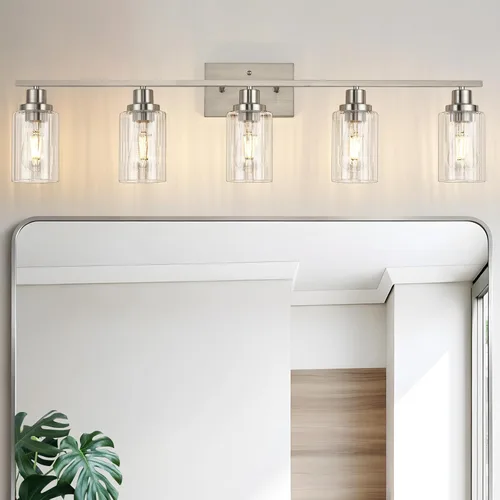 Miniatura 19 de Jonsi Accesorios de iluminación de baño dorados, 2 luces de tocador de oro cepillado con pantalla de vidrio estriada, luces modernas sobre espejo