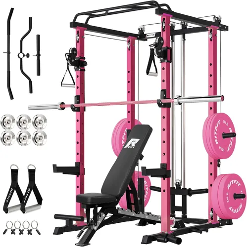 Miniatura 12 de RitFit El paquete multifunción de garaje y gimnasio en casa incluye jaula de potencia de 1200 libras PPC03/P3 con sistema de cruce de cables, banco