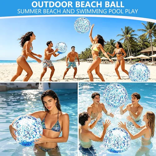Miniatura 5 de Paquete de 5 bolas de playa de lentejuelas de 16 pulgadas y 24 pulgadas, inflables, confeti con purpurina, pelota de playa transparente, juguete