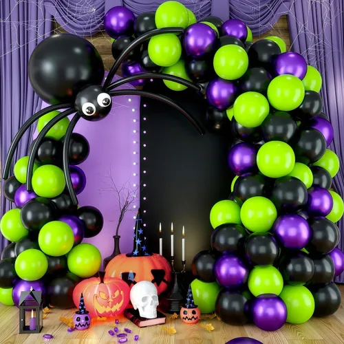 Miniatura 8 de Kit de guirnalda de arco de globos para decoración de Halloween, 101 piezas de globos de látex de confeti morado metálico y negro mate, con globos
