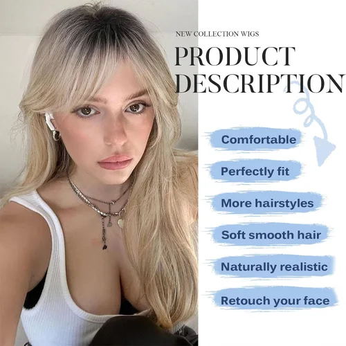 Miniatura 2 de HAIRCUBE Pelucas rubias degradadas con flequillo, longitud al hombro, peluca rubia ceniza para mujer, pelucas en capas, raíces oscuras, pelucas