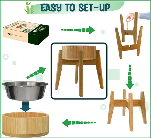 Miniatura 9 de Cuencos elevados para perros para razas grandes, soporte elevado de bambú (15 pulgadas de alto) con plato de acero inoxidable, adecuado