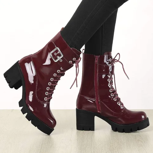 Miniatura 2 de Allegra K Botas de combate de tacón grueso con plataforma y cremallera para mujer