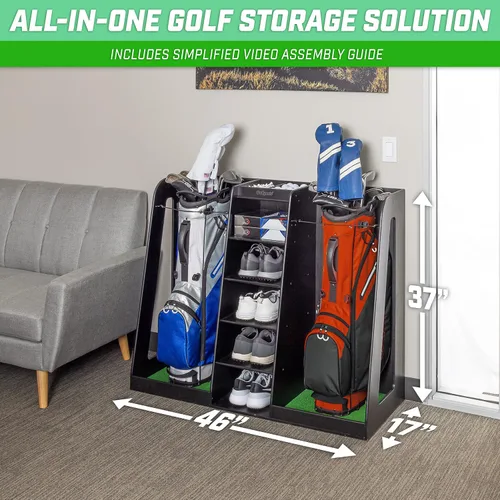 Miniatura 5 de GoSports Organizador de bolsas de golf de madera prémium y estante de almacenamiento, capacidad para 2 bolsas de golf, acabado negro, blanco o marrón