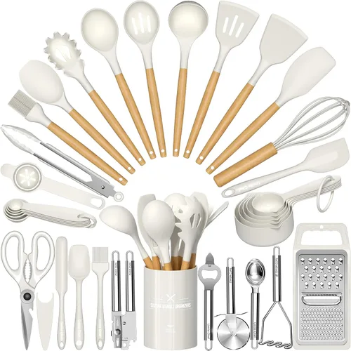 Umite Chef - Juego de utensilios de cocina de silicona, 34 piezas de utensilios de cocina resistentes al calor y herramientas con rallador, mangos